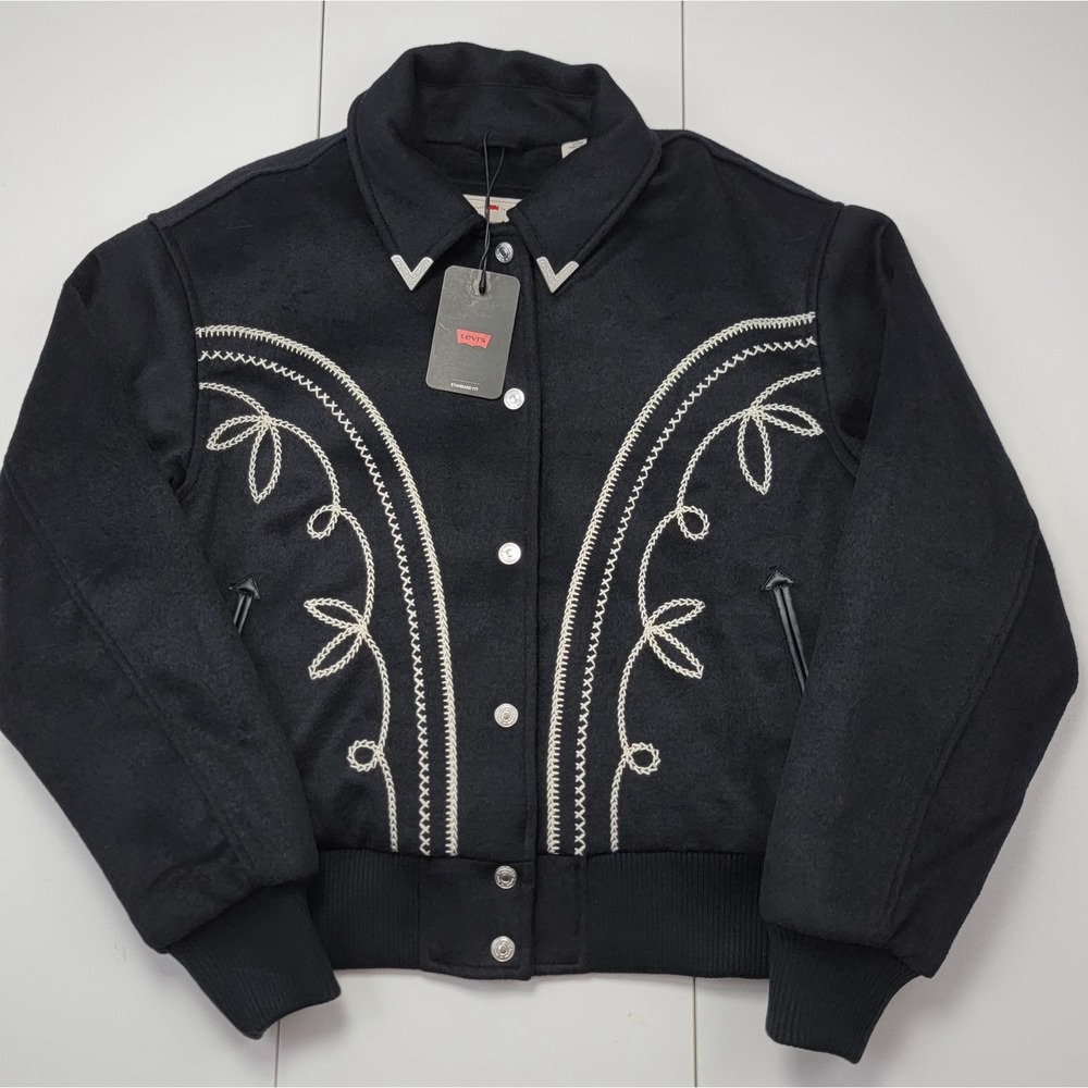 LEVIS Womens Size Large Rodeo Black Jacket Embroidered Wool Blend Western New